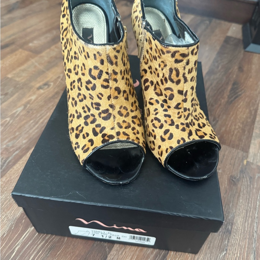 Nina Leopard Print Peep Toe Heeled Boots